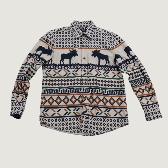 Chaps Other - Chaps Button Down Mens Cream Moose Fair Isle Cabin Medium Long Sleeve Shirt